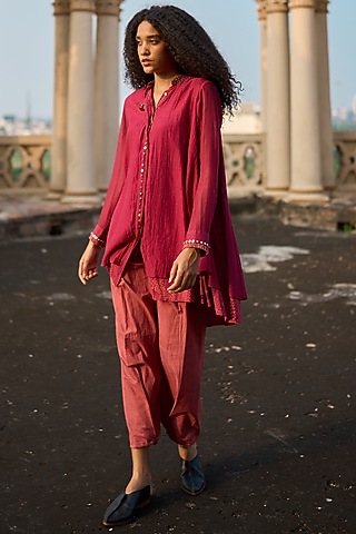 Berry Striped Chanderi Printed Tunic by Swatti Kapoor