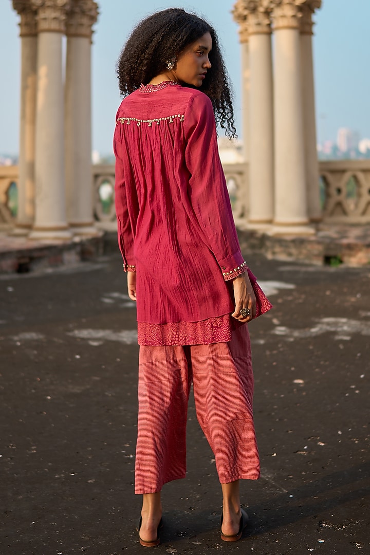 Berry Striped Chanderi Printed Tunic by Swatti Kapoor at Pernia's Pop Up Shop