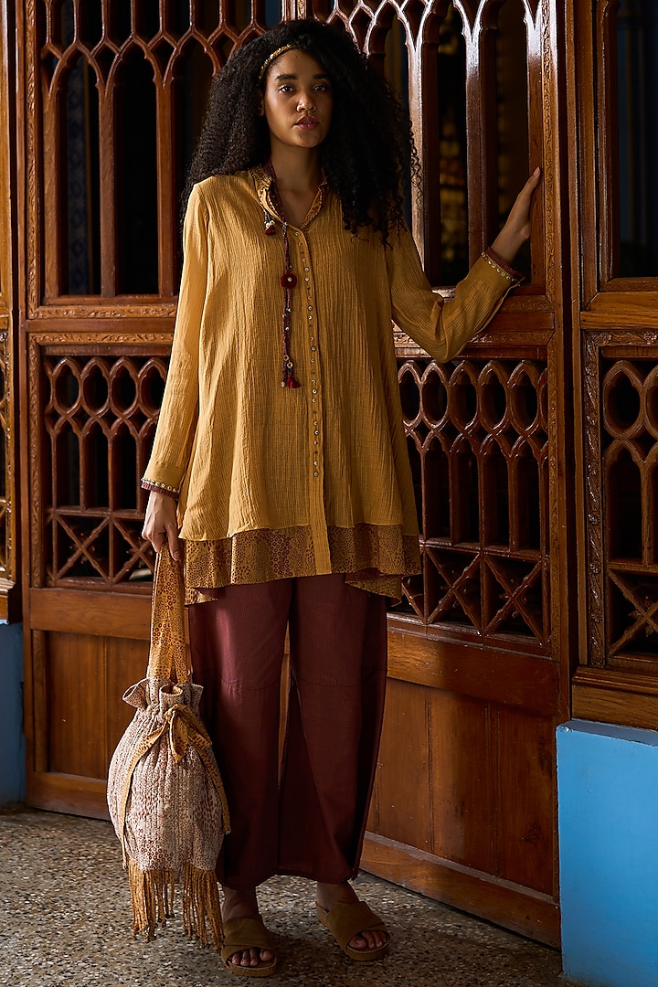 Butter Yellow Striped Chanderi Printed Tunic by Swatti Kapoor