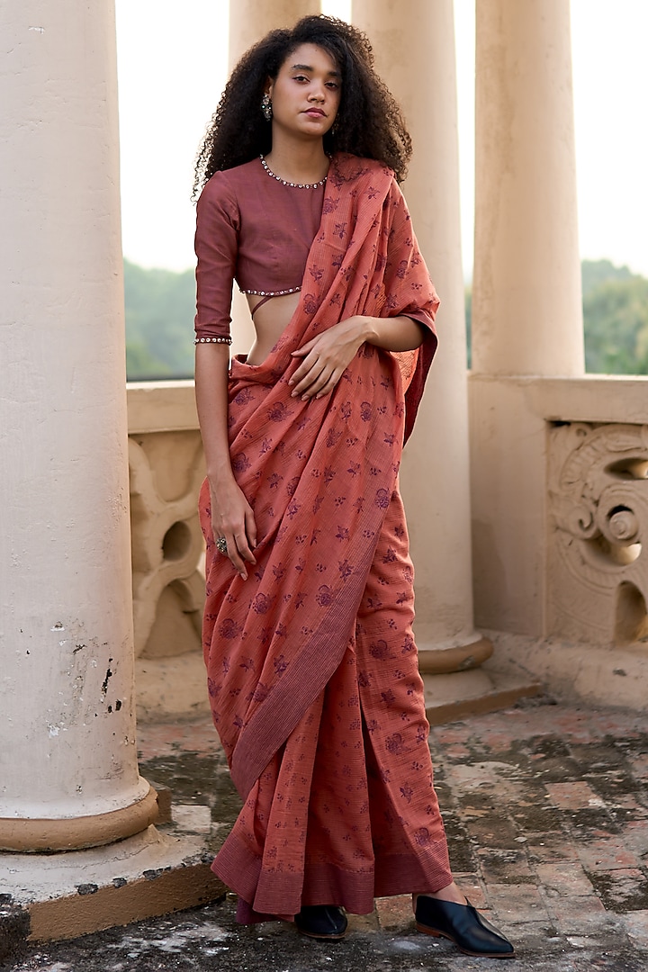 Mauve Handwoven Chanderi Printed Blouse by Swatti Kapoor