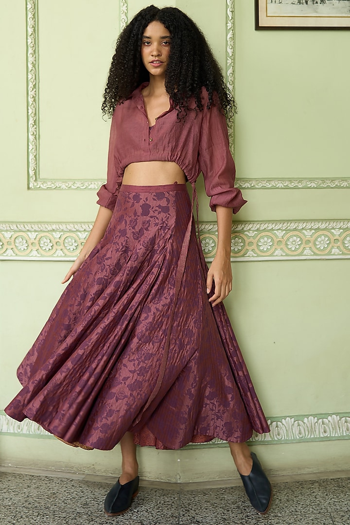 Mauve Handwoven Chanderi Printed Skirt by Swatti Kapoor