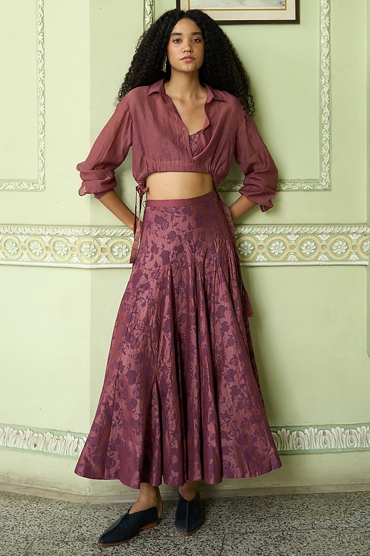 Mauve Striped Chanderi Crop Top by Swatti Kapoor