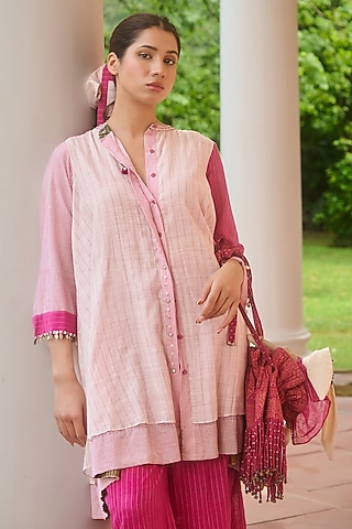 Pink & Ivory Handwoven Silk Dyed Mini Dress by Swatti Kapoor