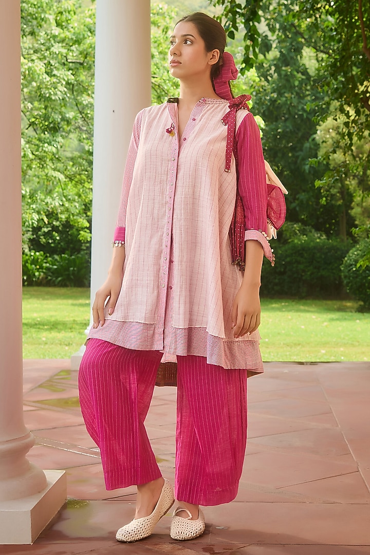 Pink & Ivory Handwoven Silk Dyed Mini Vacation Dress by Swatti Kapoor at Pernia's Pop Up Shop