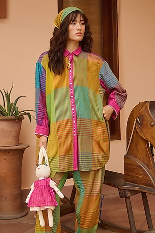 Multi-Colored Handwoven Silk Dyed Shirt by Swatti Kapoor