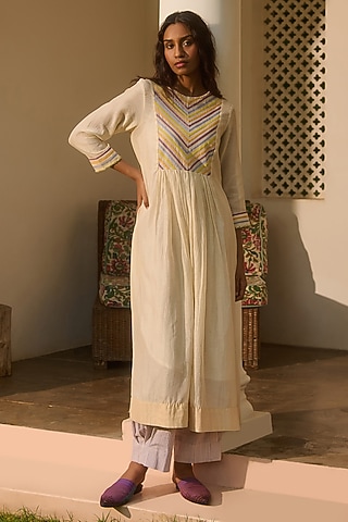 Ivory Striped Chanderi Bead Work Midi Dress by Swatti Kapoor