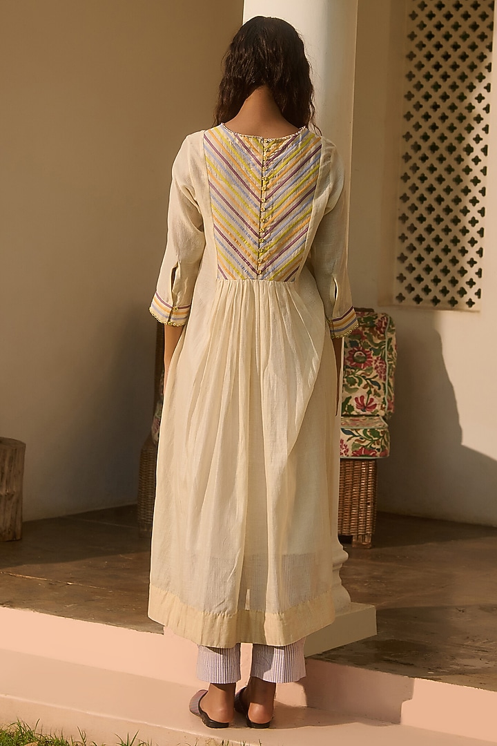 Ivory Striped Chanderi Bead Work Midi Vacation Dress by Swatti Kapoor at Pernia's Pop Up Shop