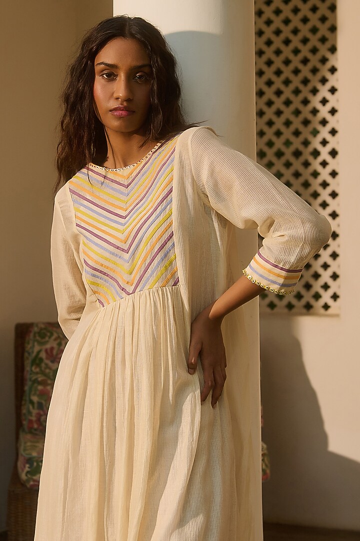 Ivory Striped Chanderi Bead Work Midi Vacation Dress by Swatti Kapoor at Pernia's Pop Up Shop