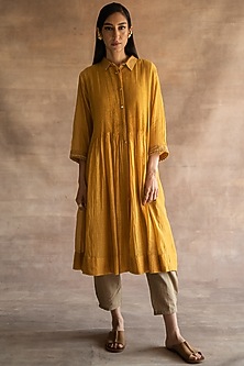 Midsummer Gold Hand Block Printed Dress With Slip by Swatti Kapoor-SWATTI KAPOOR