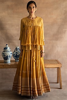Midsummer Gold Hand Block Printed Skirt by Swatti Kapoor-SWATTI KAPOOR