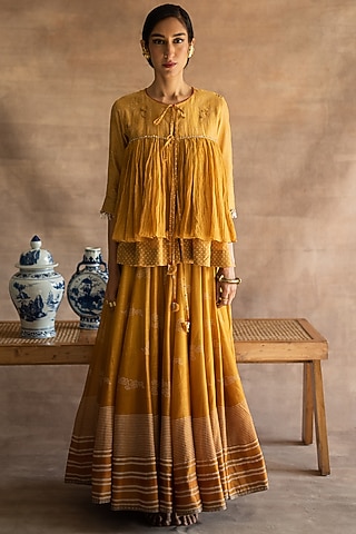 Midsummer Gold Hand Block Printed Skirt by Swatti Kapoor