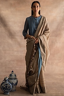 Greige Hand Block Printed Saree by Swatti Kapoor-SWATTI KAPOOR