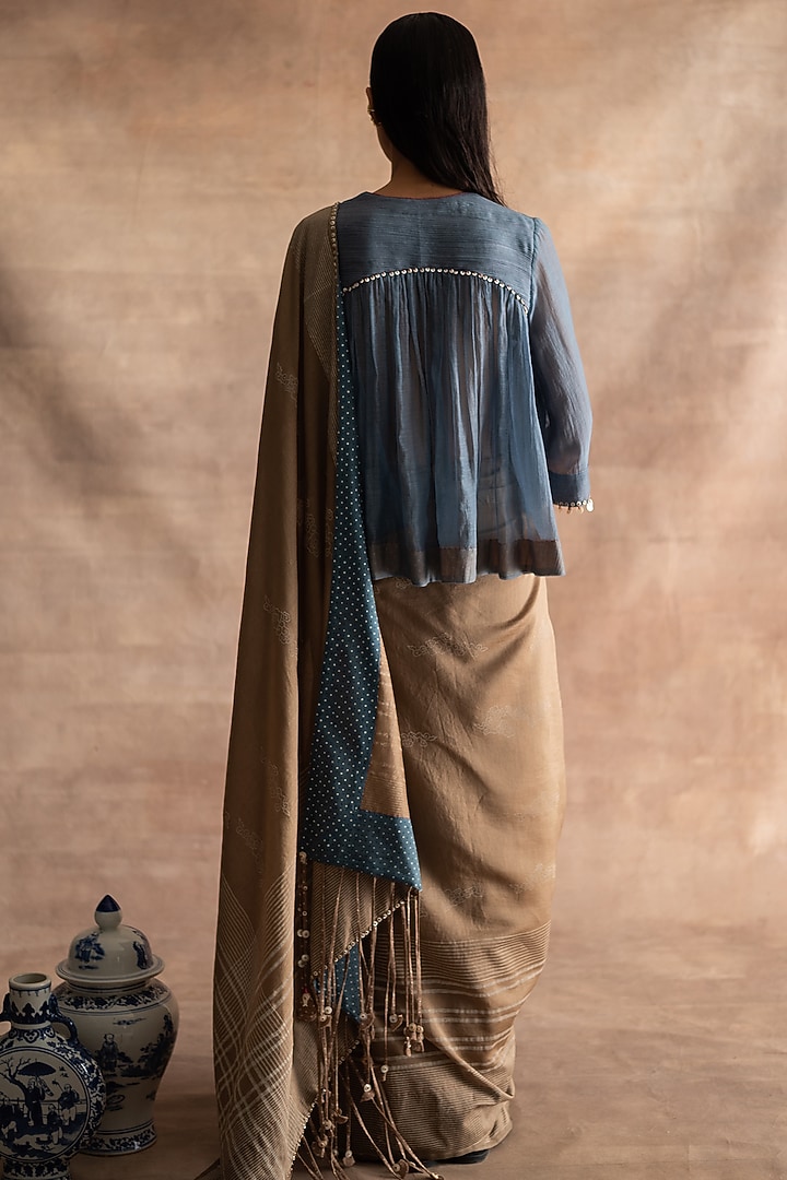 Greige Hand Block Printed Party Wear Saree by Swatti Kapoor at Pernia's Pop Up Shop