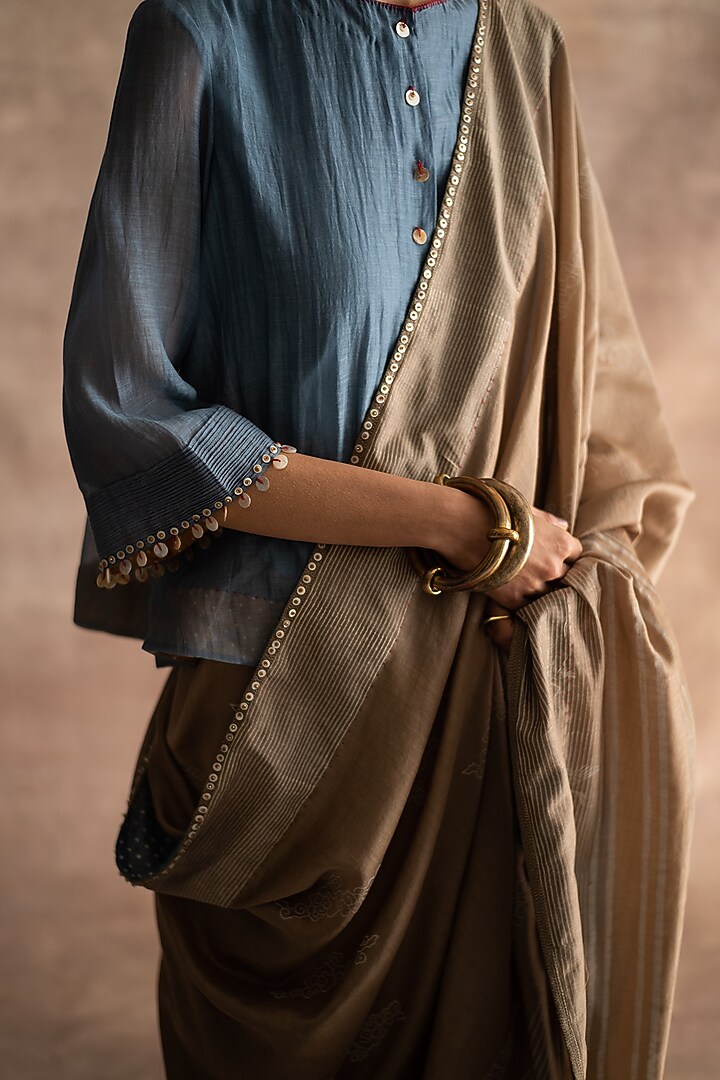 Greige Hand Block Printed Party Wear Saree by Swatti Kapoor at Pernia's Pop Up Shop