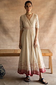 Ivory Block Printed Dress by Swatti Kapoor-SWATTI KAPOOR