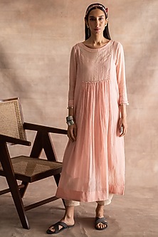 Quartz Pink Hand Block Printed Dress by Swatti Kapoor-SWATTI KAPOOR