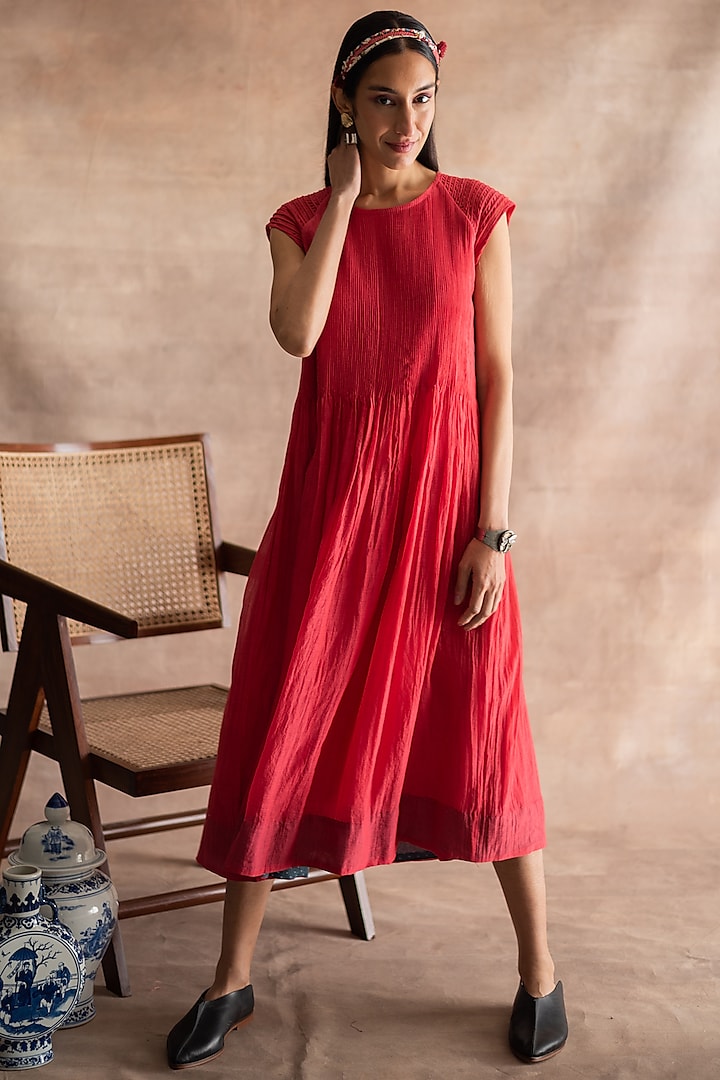 Imperial Red Pintucked Dress by Swatti Kapoor