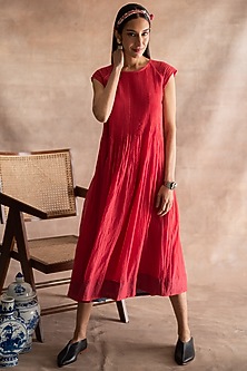 Imperial Red Pintucked Dress by Swatti Kapoor-SWATTI KAPOOR