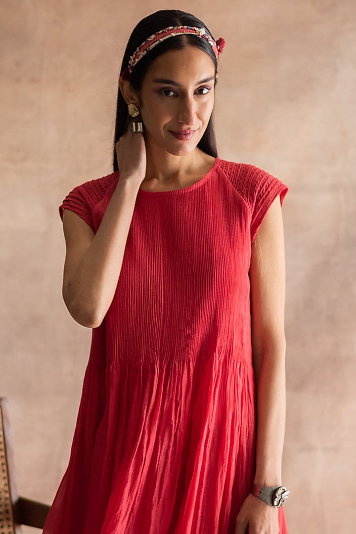 Imperial Red Pintucked Vacation Dress by Swatti Kapoor at Pernia's Pop Up Shop