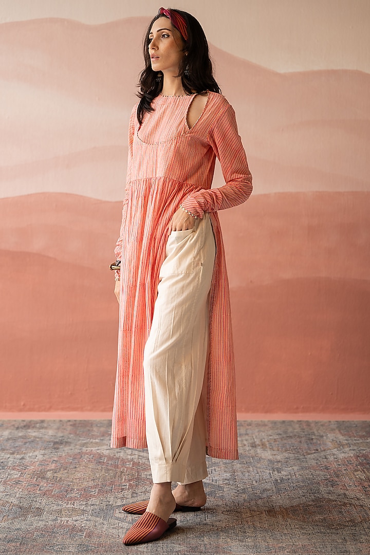 Peach Handwoven Chanderi Block Printed & Hand Embroidered Kurta by Swatti Kapoor