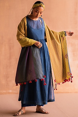 Yellow & Blue Chanderi Reversible Printed Stole by Swatti Kapoor