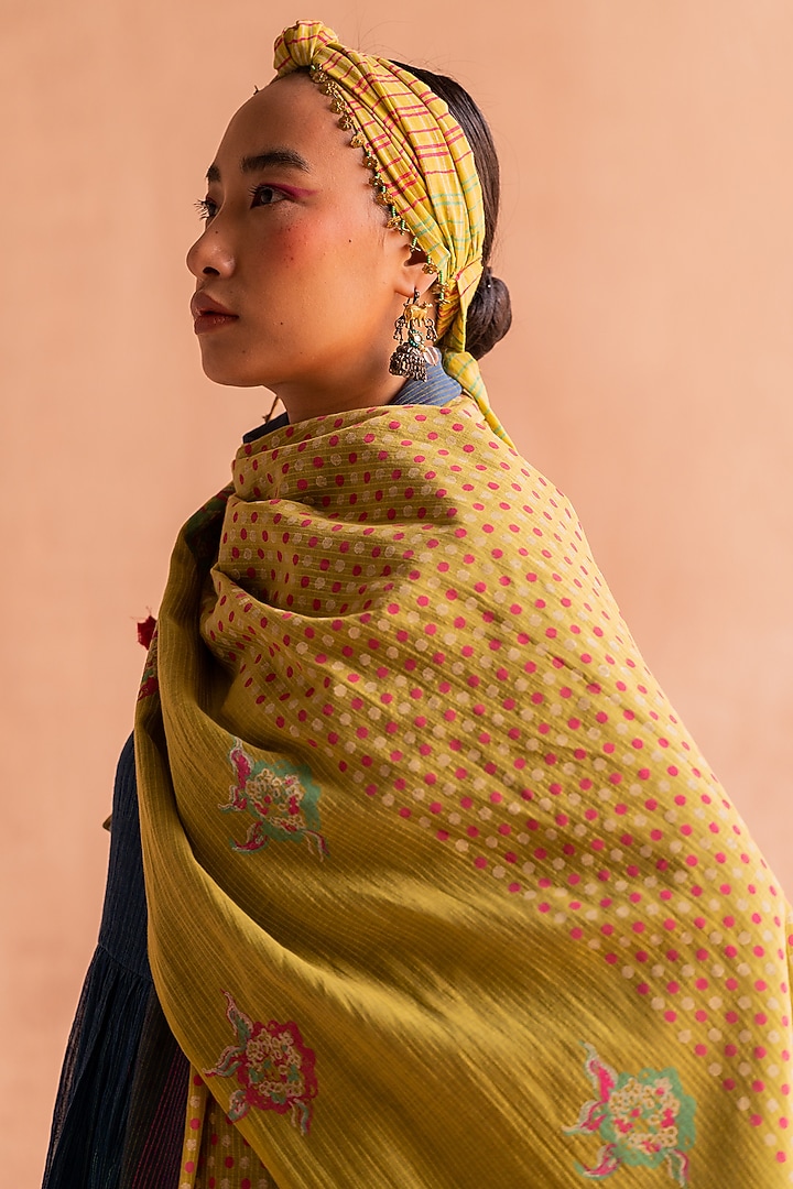 Yellow & Blue Chanderi Reversible Printed Stole by Swatti Kapoor at Pernia's Pop Up Shop