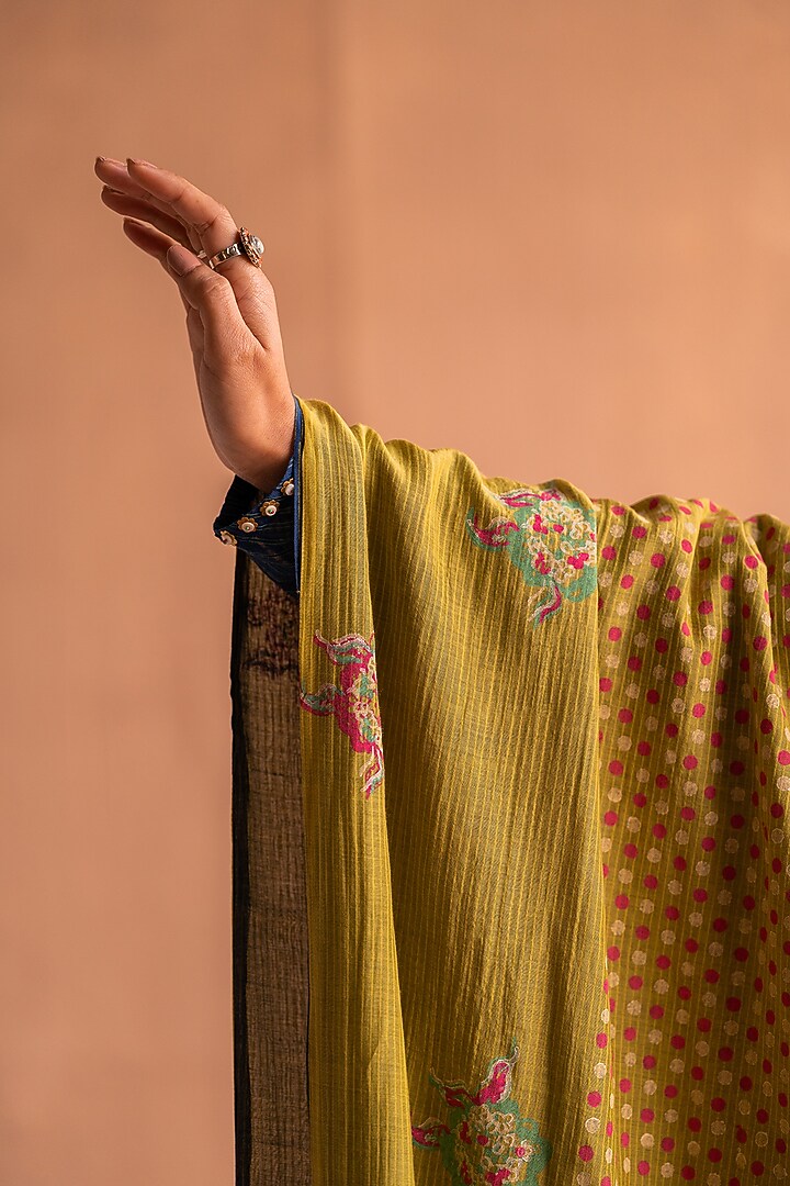 Yellow & Blue Chanderi Reversible Printed Stole by Swatti Kapoor at Pernia's Pop Up Shop