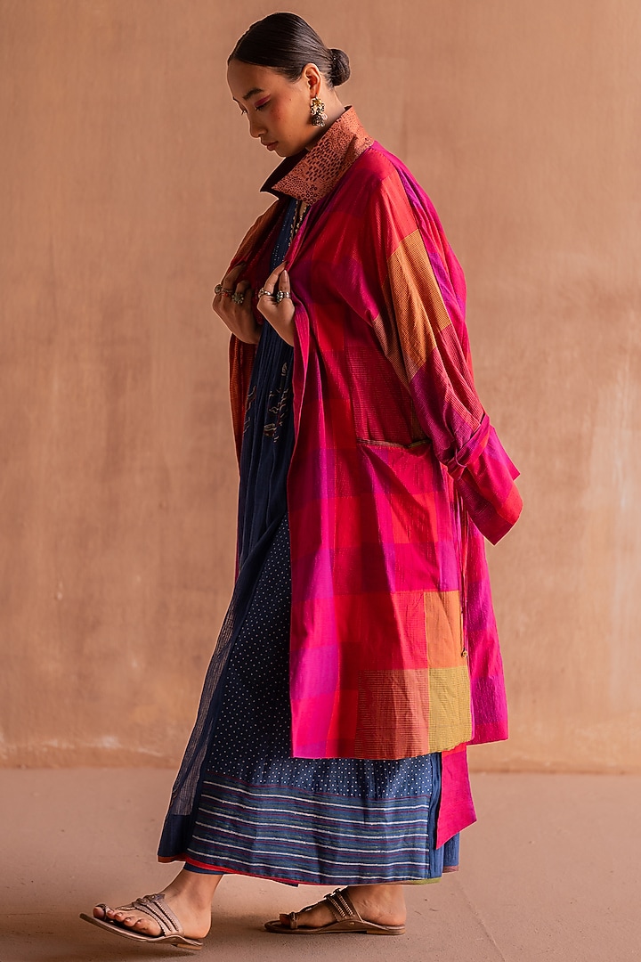 Rani Pink Handwoven Silk Printed Trench Jacket by Swatti Kapoor at Pernia's Pop Up Shop
