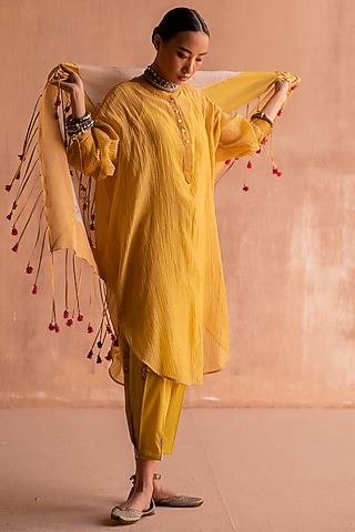 White & Yellow Chanderi Printed Scarf by Swatti Kapoor