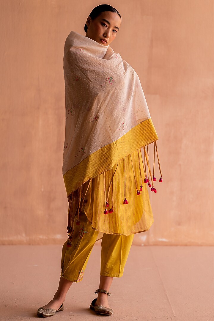 White & Yellow Chanderi Printed Scarf by Swatti Kapoor at Pernia's Pop Up Shop