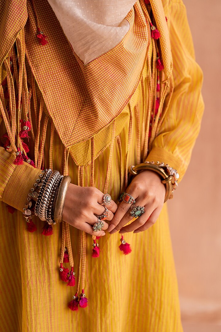 White & Yellow Chanderi Printed Scarf by Swatti Kapoor at Pernia's Pop Up Shop
