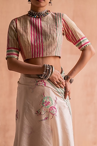 White Chanderi Hand Block Printed Blouse by Swatti Kapoor