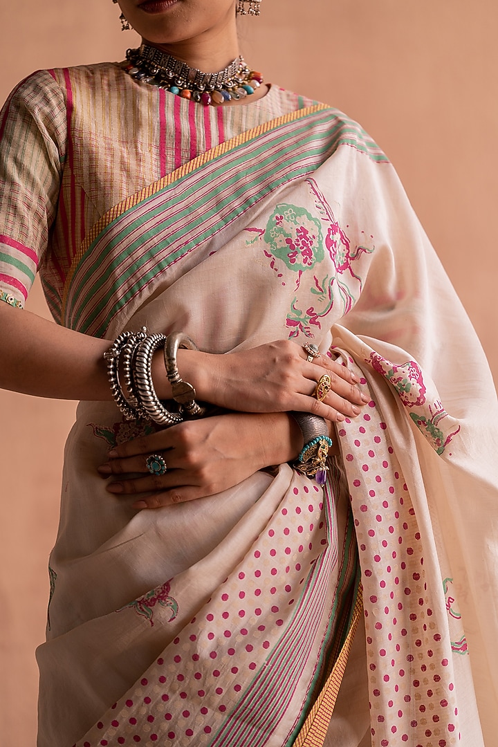 White Chanderi Hand Block Printed Blouse by Swatti Kapoor at Pernia's Pop Up Shop