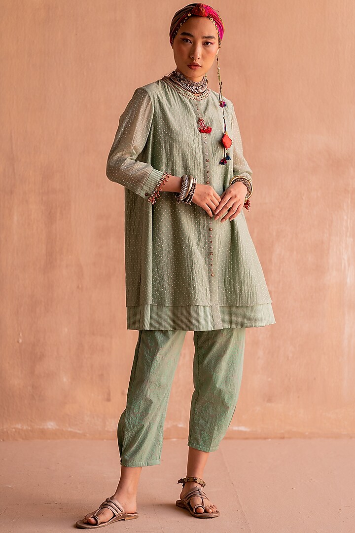 Green Chanderi Hand Block Printed & Embroidered Tunic by Swatti Kapoor