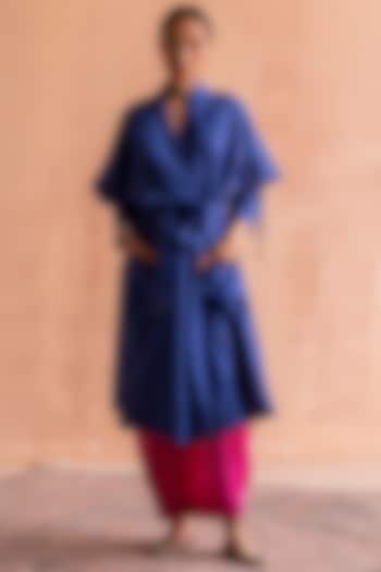 Blue Silk & Cotton Hand Block Printed Trench Coat by Swatti Kapoor