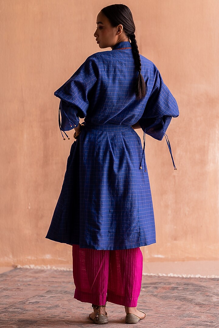Blue Silk & Cotton Hand Block Printed Trench Coat by Swatti Kapoor at Pernia's Pop Up Shop
