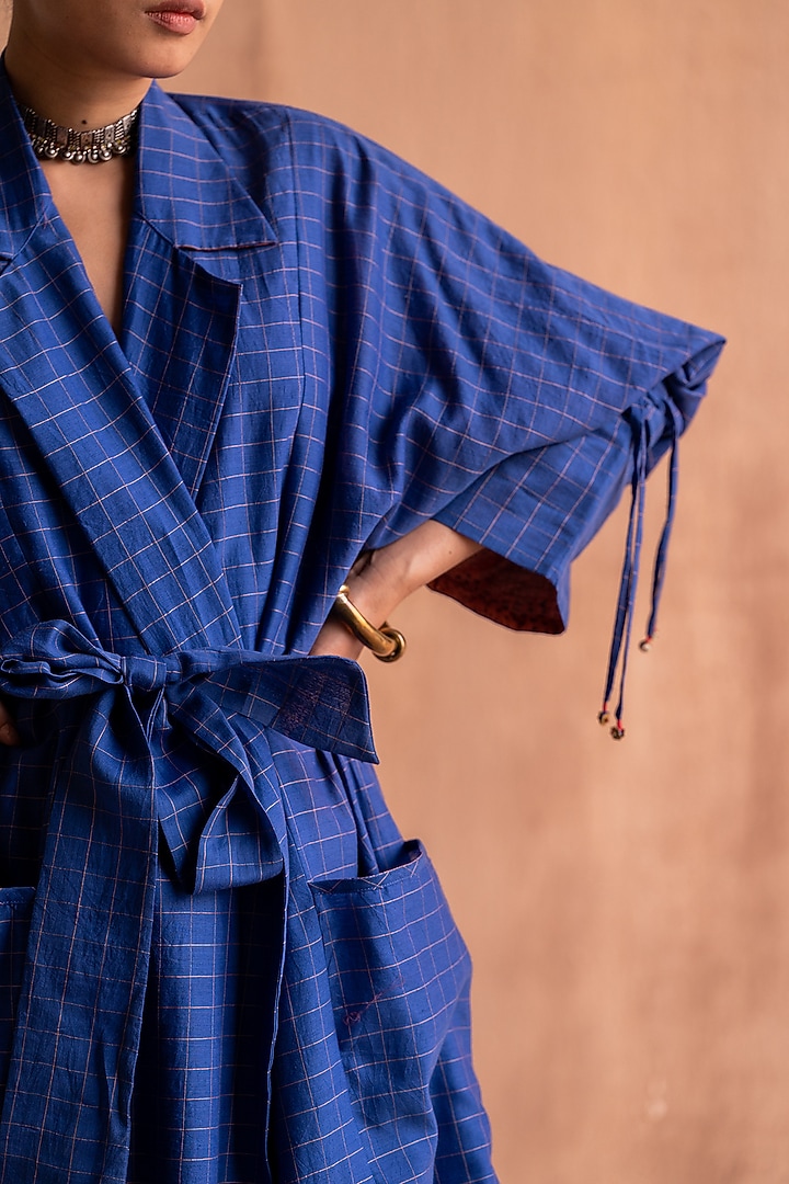 Blue Silk & Cotton Hand Block Printed Trench Coat by Swatti Kapoor at Pernia's Pop Up Shop