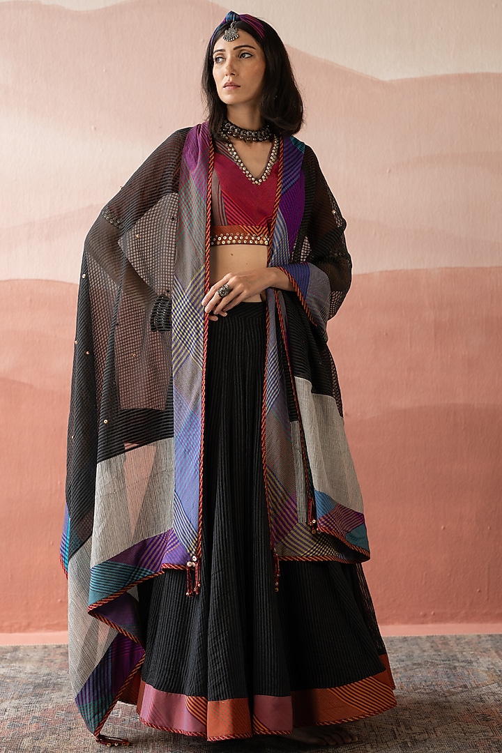 Ebony Black Silk Organza & Handwoven Yarn Dyed Silk Cotton Striped Flared Skirt Set by Swatti Kapoor at Pernia's Pop Up Shop