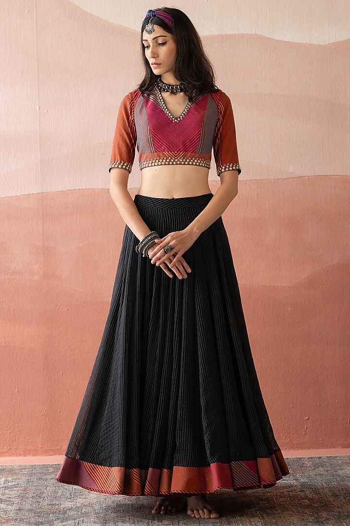 Ebony Black Silk Organza & Handwoven Yarn Dyed Silk Cotton Striped Flared Skirt Set by Swatti Kapoor at Pernia's Pop Up Shop