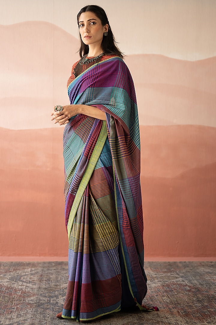 Multi-Colored Handwoven Yarn Dyed Silk Cotton Hand Embroidered Wedding Saree Set by Swatti Kapoor at Pernia's Pop Up Shop