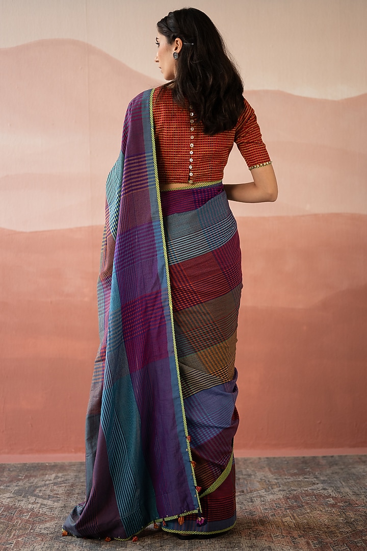 Multi-Colored Handwoven Yarn Dyed Silk Cotton Hand Embroidered Wedding Saree Set by Swatti Kapoor at Pernia's Pop Up Shop