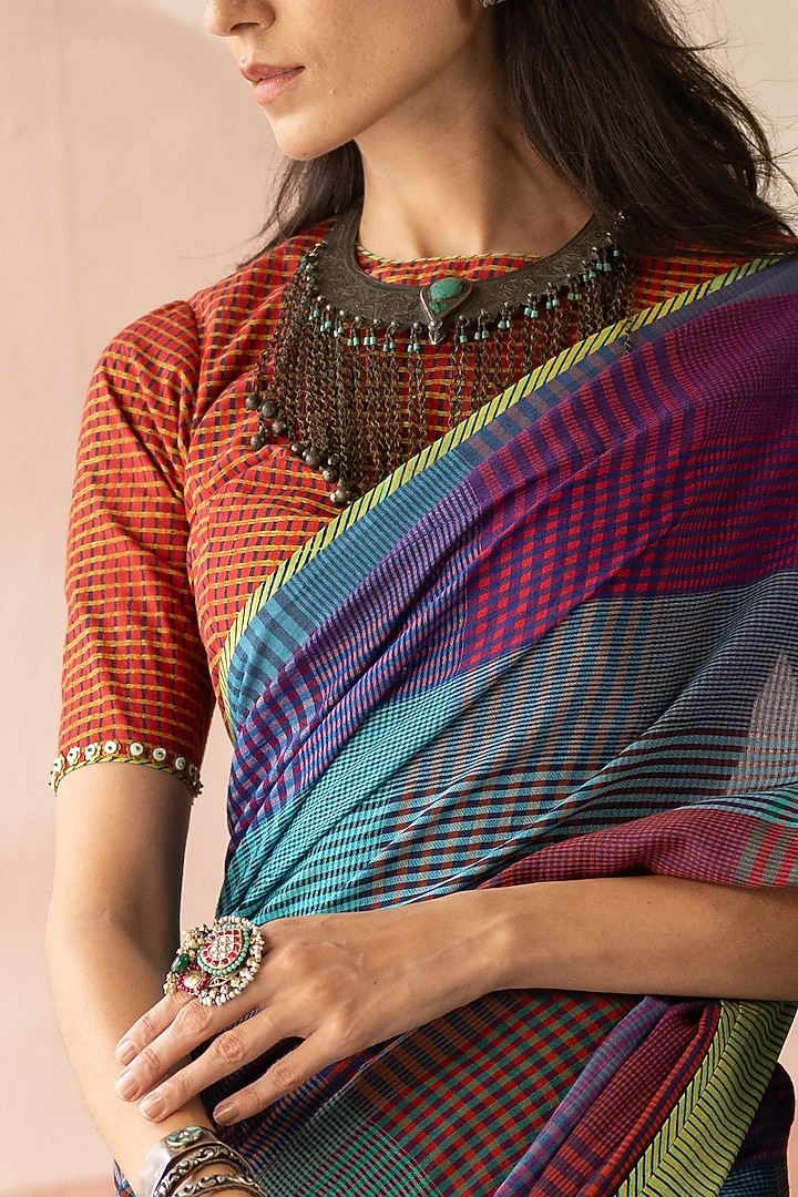 Multi-Colored Handwoven Yarn Dyed Silk Cotton Hand Embroidered Wedding Saree Set by Swatti Kapoor at Pernia's Pop Up Shop