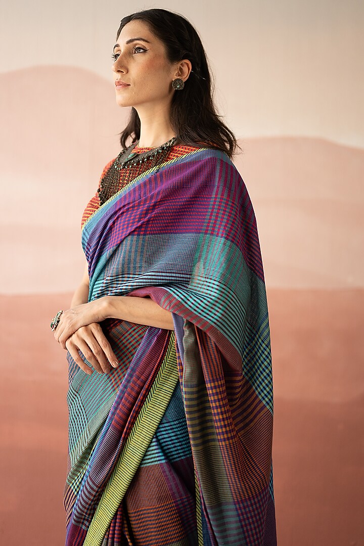 Multi-Colored Handwoven Yarn Dyed Silk Cotton Hand Embroidered Wedding Saree Set by Swatti Kapoor at Pernia's Pop Up Shop