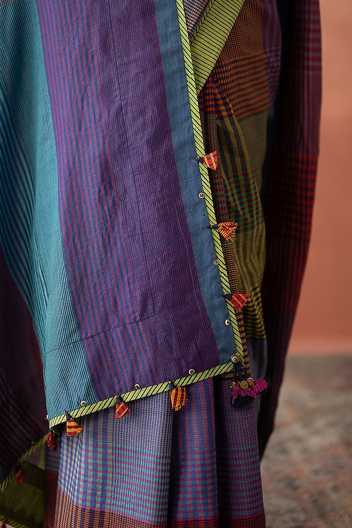 Multi-Colored Handwoven Yarn Dyed Silk Cotton Hand Embroidered Wedding Saree Set by Swatti Kapoor at Pernia's Pop Up Shop