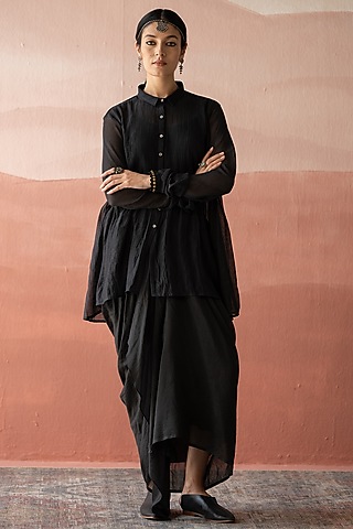 Ebony Black Chanderi Stripe Pleated Skirt Set by Swatti Kapoor