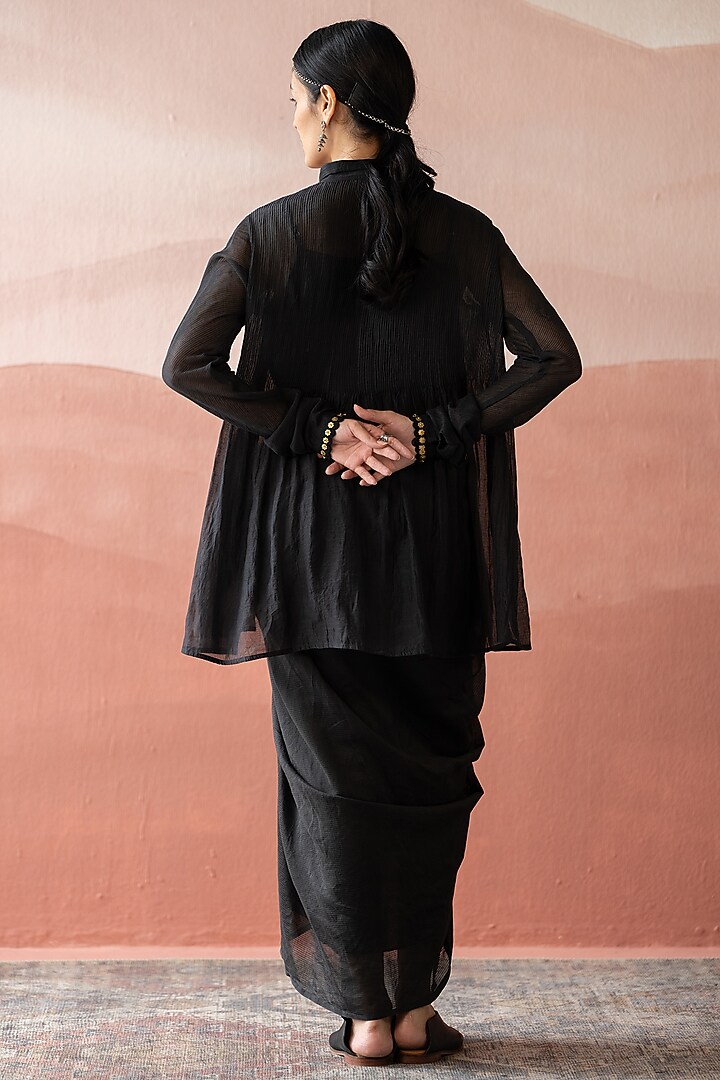 Ebony Black Chanderi Stripe Pleated Skirt Set by Swatti Kapoor at Pernia's Pop Up Shop