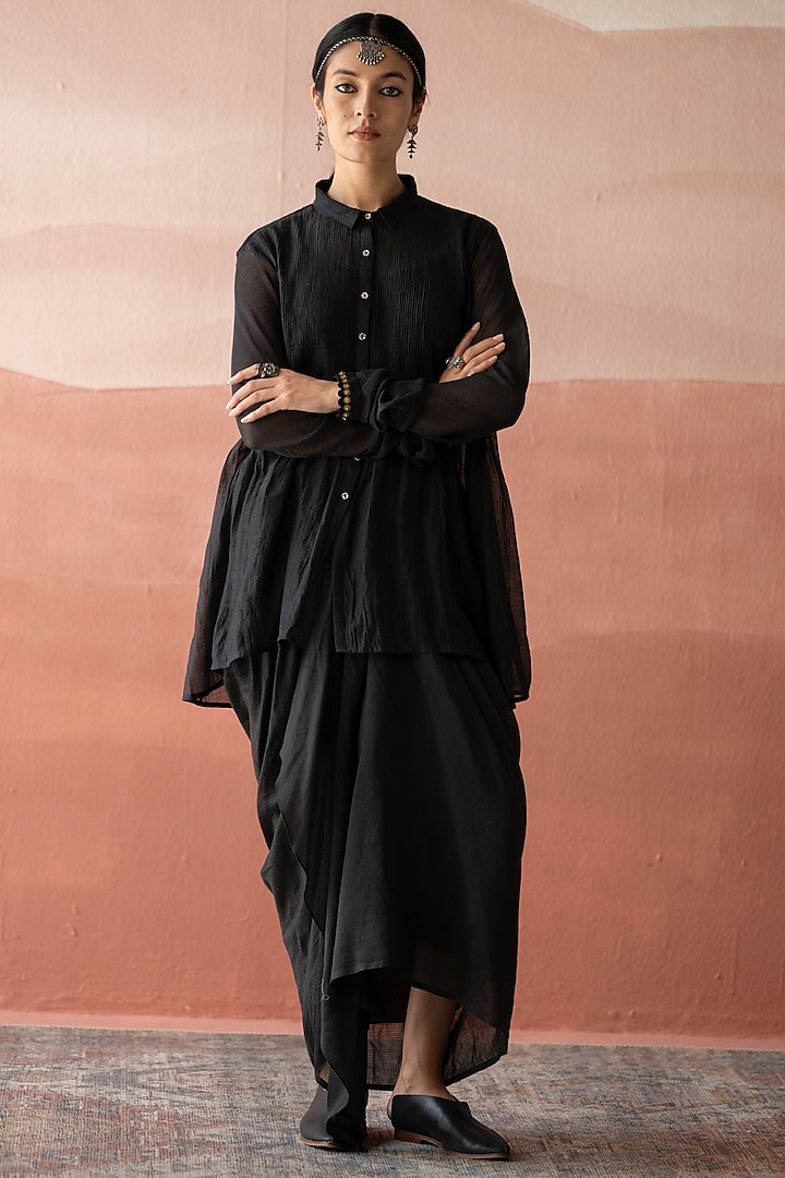 Ebony Black Chanderi Stripe Pleated Skirt Set by Swatti Kapoor at Pernia's Pop Up Shop