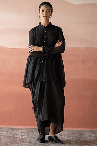 Ebony Black Chanderi Stripe Pleated Skirt Set by Swatti Kapoor