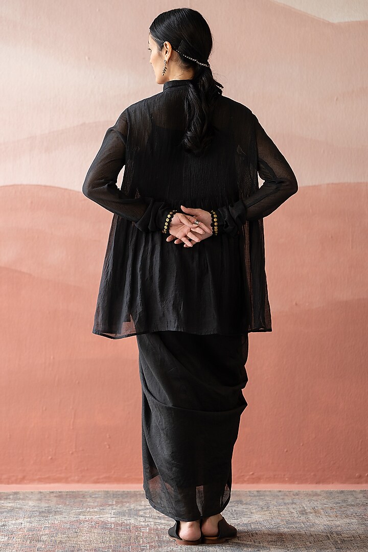 Ebony Black Chanderi Stripe Pleated Skirt Set by Swatti Kapoor at Pernia's Pop Up Shop