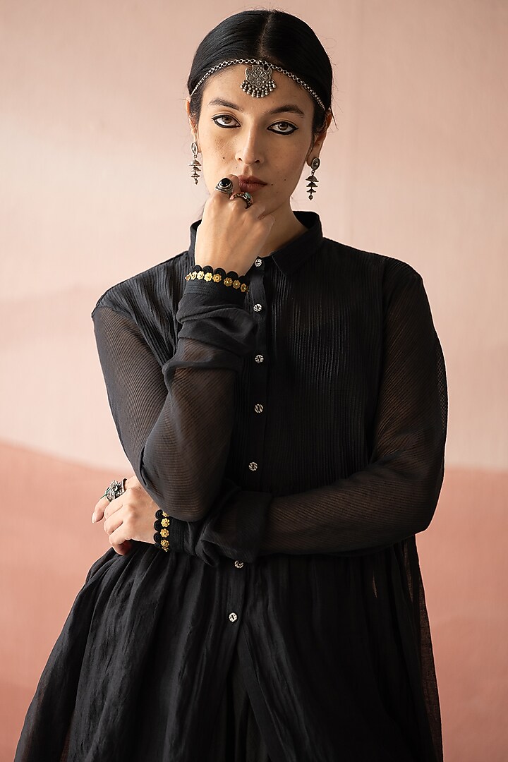 Ebony Black Chanderi Stripe Pleated Skirt Set by Swatti Kapoor at Pernia's Pop Up Shop